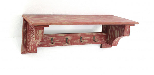 HomeRoots 30" Distressed Wood Vintage-Inspired Wall-Mounted Coat Rack with Four Hooks for Stylish Organization Red 274518