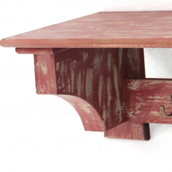 HomeRoots 30" Distressed Wood Vintage-Inspired Wall-Mounted Coat Rack with Four Hooks for Stylish Organization Red 274518
