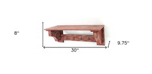 HomeRoots 30" Distressed Wood Vintage-Inspired Wall-Mounted Coat Rack with Four Hooks for Stylish Organization Red 274518