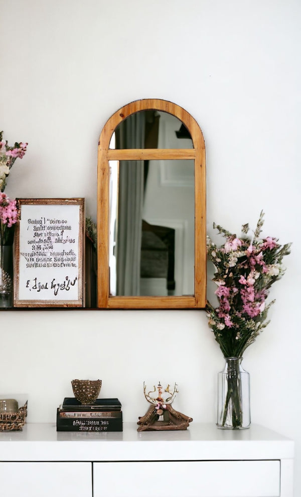 HomeRoots 5" Brown Arch Accent Mirror - Lightweight Framed Wall Decor for Rustic-Modern Home Styling 274520