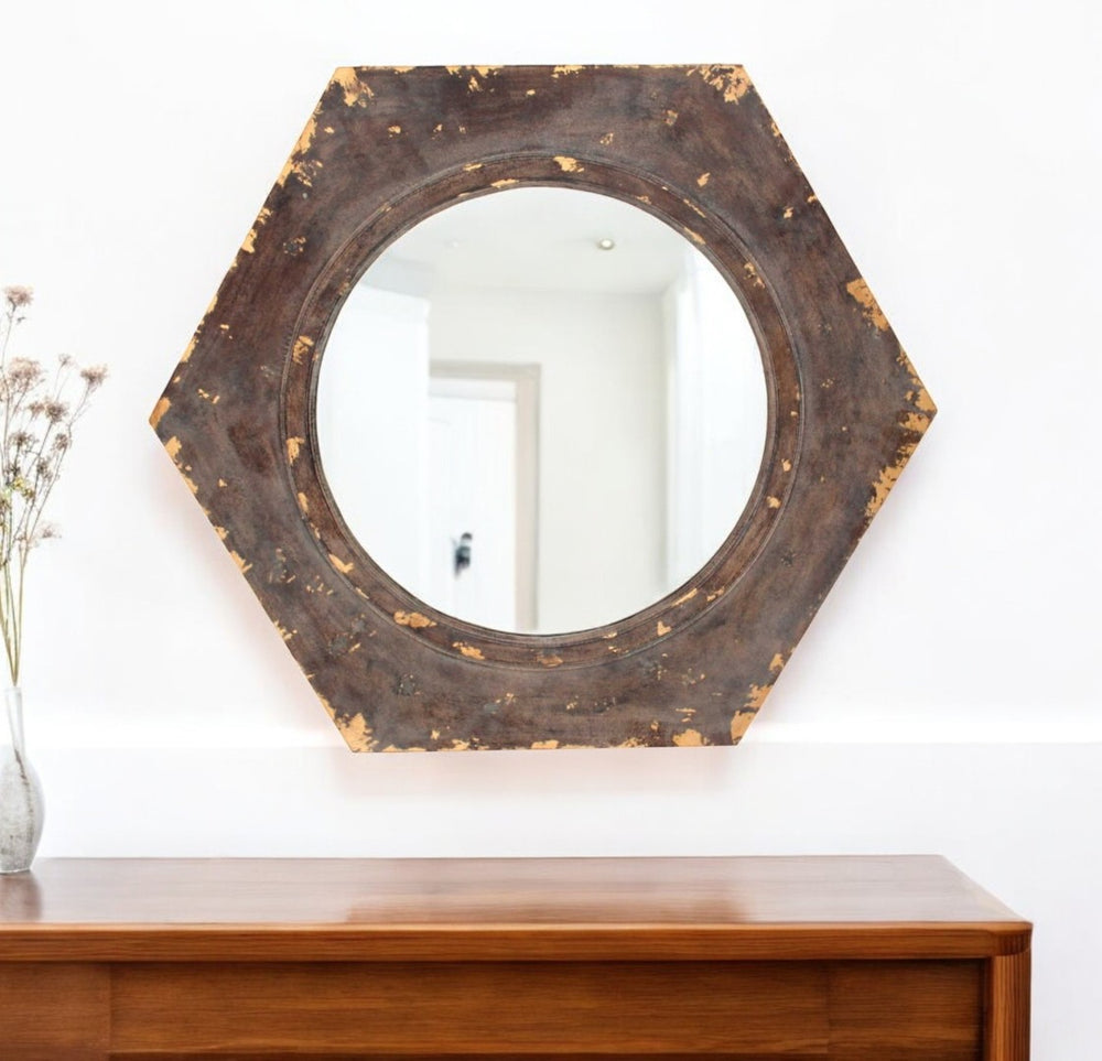HomeRoots 24" Hexagon Accent Mirror in Distressed Bronze Frame – Rustic Vintage Charm for Any Room Decor 274532