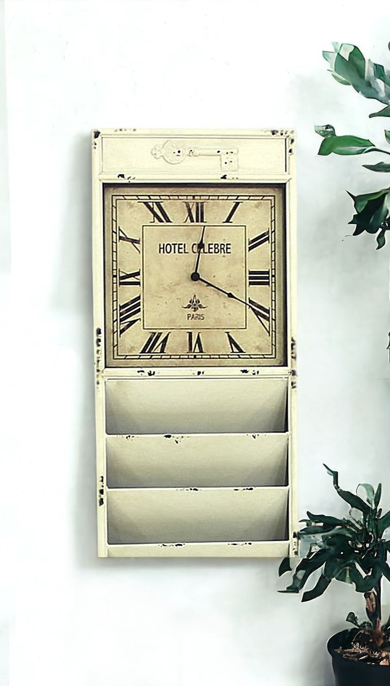 Homeroots 60" Off White Vintage Look Magazine Rack With Clock White Metal 274551