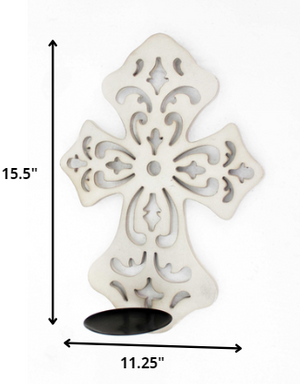 Homeroots 15.5 X 5 X 11 White Wooden Cross - Candle Holder Sconce   274562