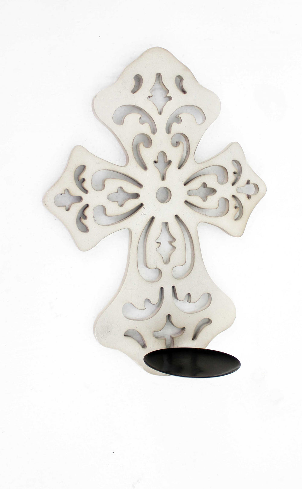 Homeroots 15.5 X 5 X 11 White Wooden Cross - Candle Holder Sconce   274562