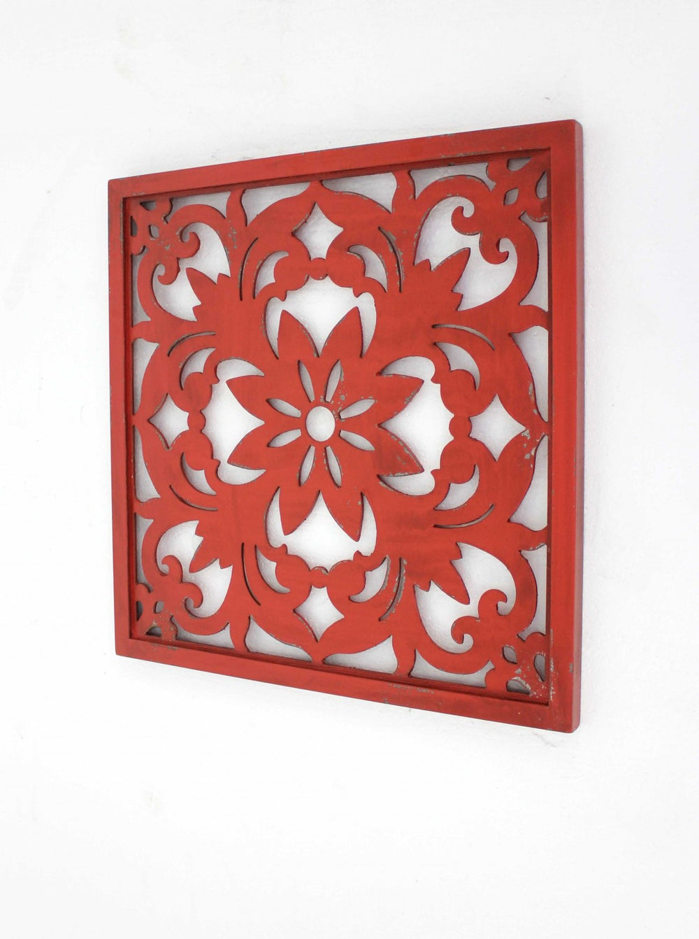 HomeRoots Red Wooden Dimensional Flower Sculpture - Handcrafted Botanical Wall Art for Elegant Home Decor 274575
