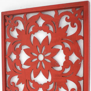 HomeRoots Red Wooden Dimensional Flower Sculpture - Handcrafted Botanical Wall Art for Elegant Home Decor 274575