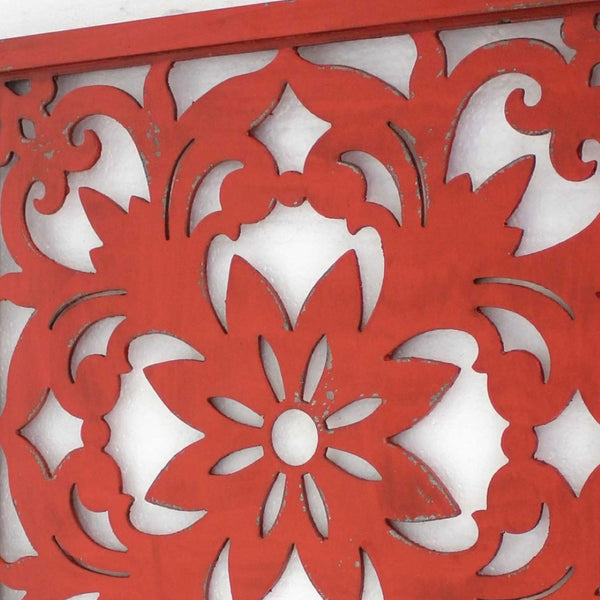 HomeRoots Red Wooden Dimensional Flower Sculpture - Handcrafted Botanical Wall Art for Elegant Home Decor 274575