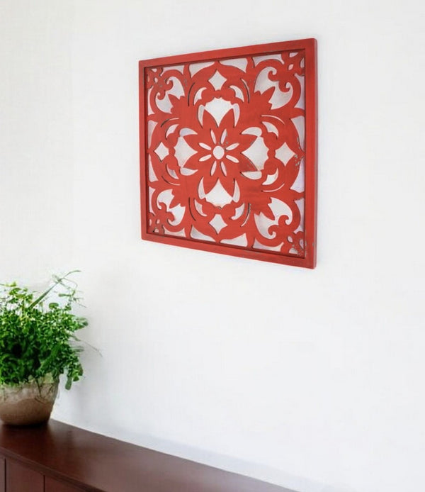HomeRoots Red Wooden Dimensional Flower Sculpture - Handcrafted Botanical Wall Art for Elegant Home Decor 274575