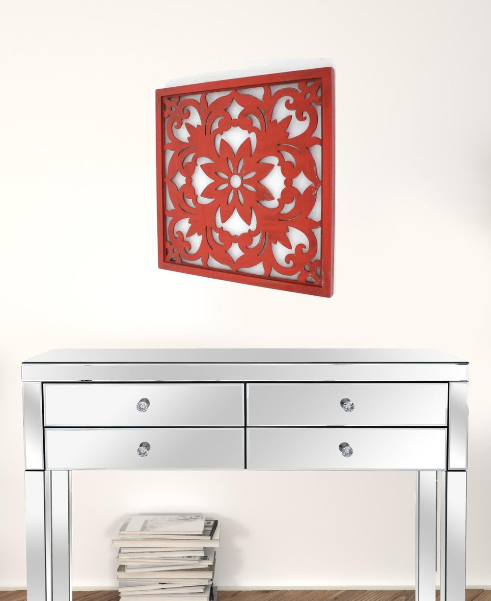 HomeRoots Red Wooden Dimensional Flower Sculpture - Handcrafted Botanical Wall Art for Elegant Home Decor 274575