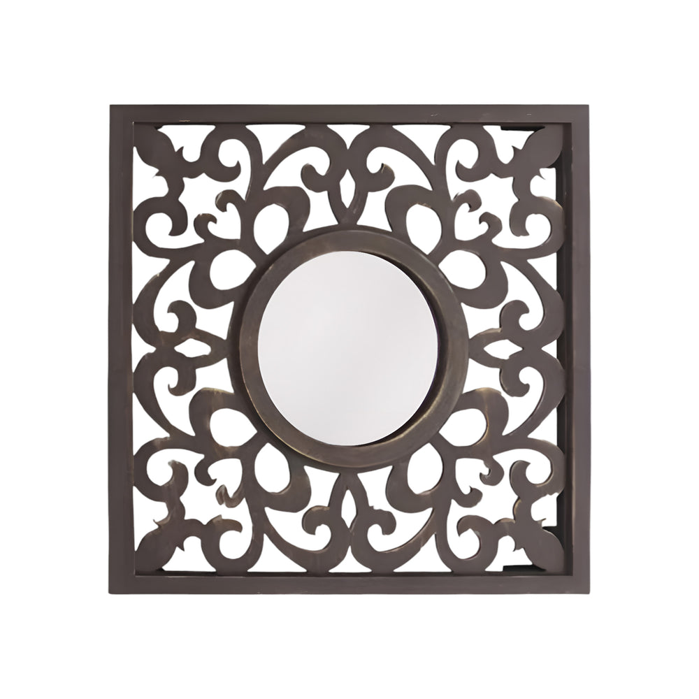 Homeroots 24" Brown Circle In Square Vintage Style Framed Accent Mirror  Wood 274576