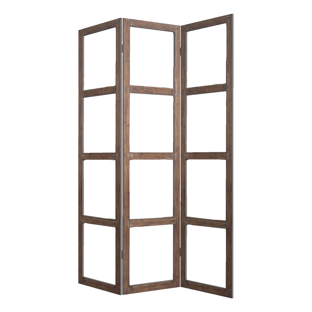 Homeroots 84" Brown Folding Three Panel Screen Room Divider  Glass 274608
