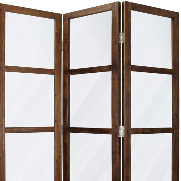 HomeRoots 84" Elegant Three-Panel Folding Screen Divider - Vintage Glass Panels & Whitewashed Wooden Frame 274608