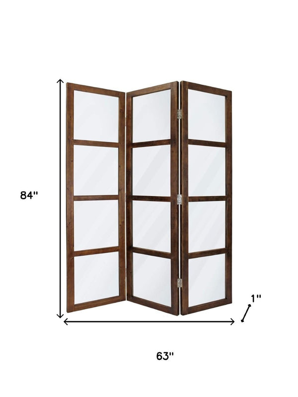 HomeRoots 84" Elegant Three-Panel Folding Screen Divider - Vintage Glass Panels & Whitewashed Wooden Frame 274608