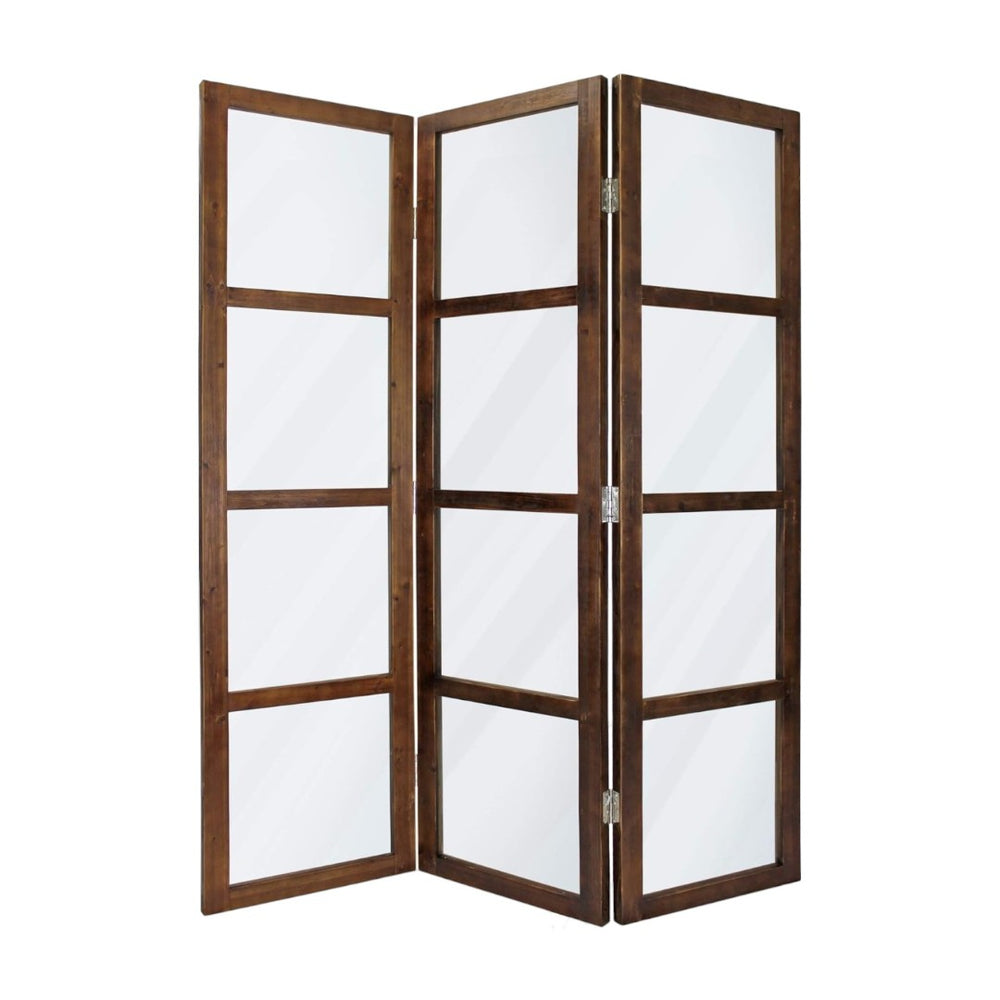 HomeRoots 84" Elegant Three-Panel Folding Screen Divider - Vintage Glass Panels & Whitewashed Wooden Frame 274608