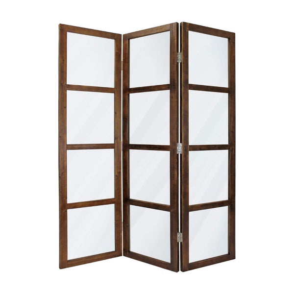 HomeRoots 84" Elegant Three-Panel Folding Screen Divider - Vintage Glass Panels & Whitewashed Wooden Frame 274608