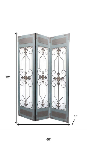 HomeRoots 60 Blue Wood and Metal Folding Room Screen - Elegant Three-Panel Privacy Divider for Any Space 274609