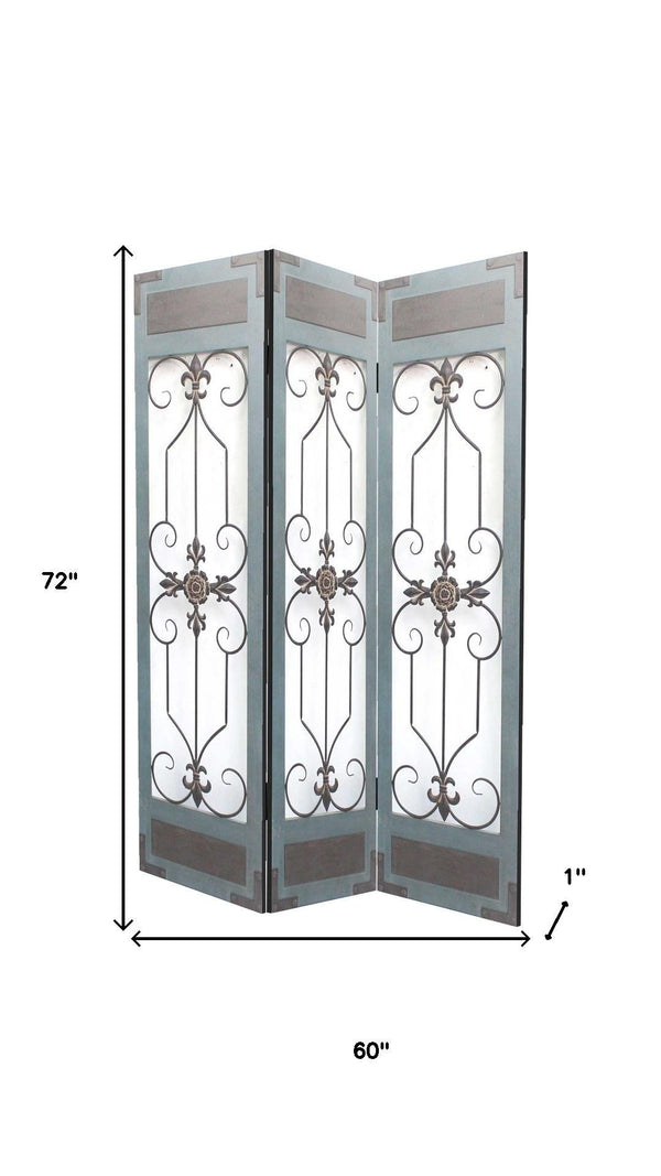 HomeRoots 60 Blue Wood and Metal Folding Room Screen - Elegant Three-Panel Privacy Divider for Any Space 274609