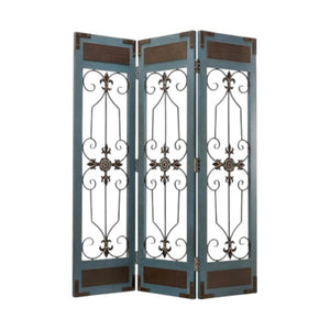 HomeRoots 60 Blue Wood and Metal Folding Room Screen - Elegant Three-Panel Privacy Divider for Any Space 274609