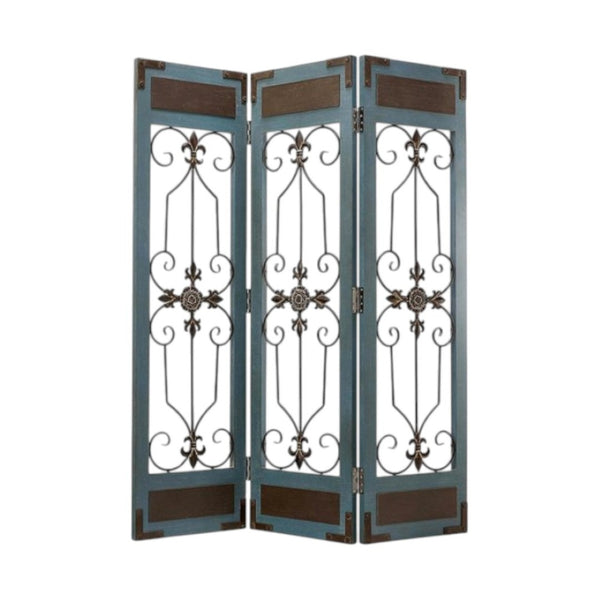 HomeRoots 60 Blue Wood and Metal Folding Room Screen - Elegant Three-Panel Privacy Divider for Any Space 274609
