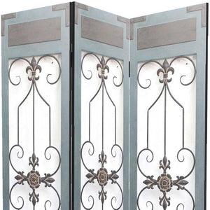 HomeRoots 60 Blue Wood and Metal Folding Room Screen - Elegant Three-Panel Privacy Divider for Any Space 274609