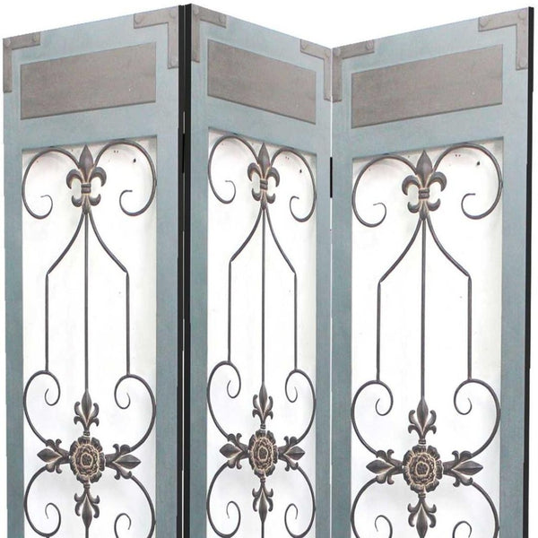 HomeRoots 60 Blue Wood and Metal Folding Room Screen - Elegant Three-Panel Privacy Divider for Any Space 274609