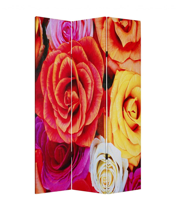 HomeRoots 48 Multi Color Wood Canvas Folding Screen with Daisy and Rose Design - Versatile Accent Decor 274613