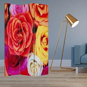 HomeRoots 48 Multi Color Wood Canvas Folding Screen with Daisy and Rose Design - Versatile Accent Decor 274613