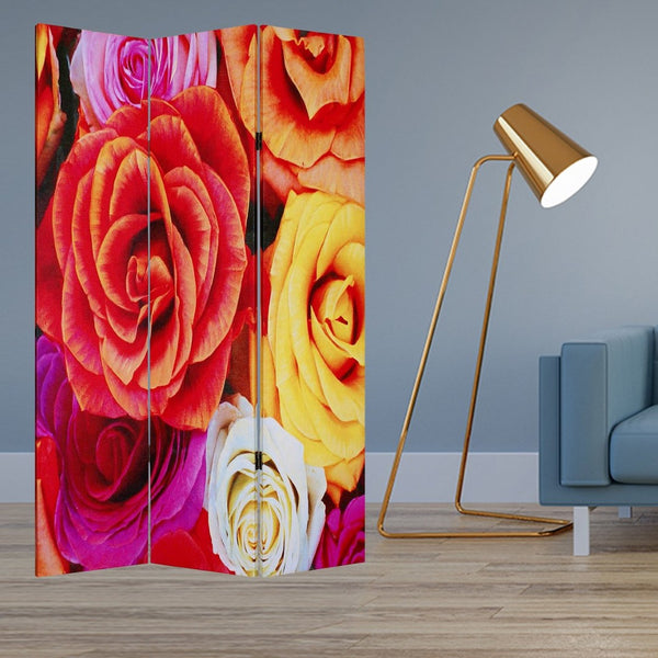 HomeRoots 48 Multi Color Wood Canvas Folding Screen with Daisy and Rose Design - Versatile Accent Decor 274613