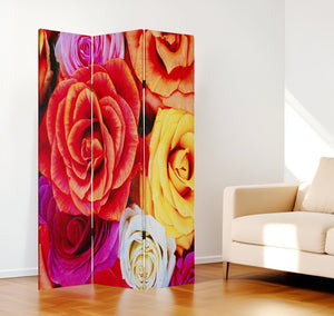 HomeRoots 48 Multi Color Wood Canvas Folding Screen with Daisy and Rose Design - Versatile Accent Decor 274613