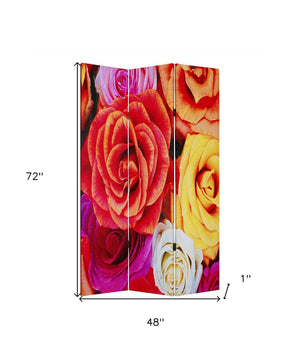 HomeRoots 48 Multi Color Wood Canvas Folding Screen with Daisy and Rose Design - Versatile Accent Decor 274613