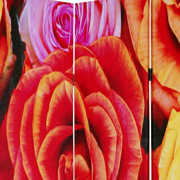 HomeRoots 48 Multi Color Wood Canvas Folding Screen with Daisy and Rose Design - Versatile Accent Decor 274613