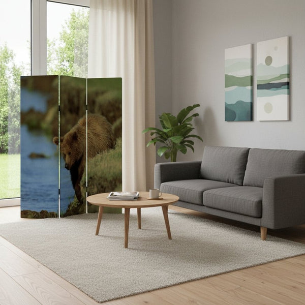 HomeRoots 48" X 72" Multi-Color Wood Canvas Bear Folding Screen - Stylish Room Divider & Decorative Accent 274616