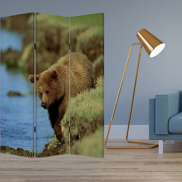 HomeRoots 48" X 72" Multi-Color Wood Canvas Bear Folding Screen - Stylish Room Divider & Decorative Accent 274616