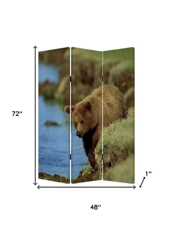 HomeRoots 48" X 72" Multi-Color Wood Canvas Bear Folding Screen - Stylish Room Divider & Decorative Accent 274616