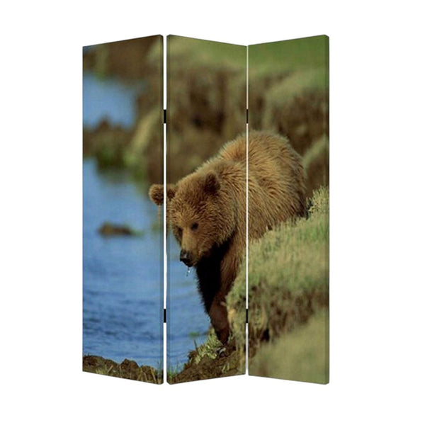 HomeRoots 48" X 72" Multi-Color Wood Canvas Bear Folding Screen - Stylish Room Divider & Decorative Accent 274616
