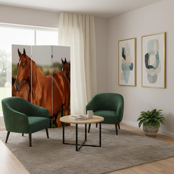 HomeRoots 48" Multi Color Wood Canvas Horse Folding Screen - Elegant Room Divider with Double-Sided Artistry 274617