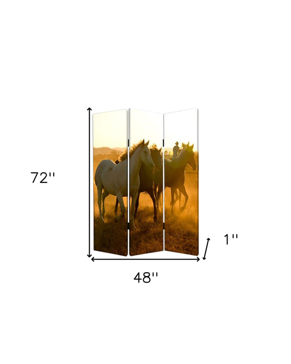 Homeroots 72" Brown And Black Canvas Folding Three Panel Screen Room Divider  Cotton Canvas 274619