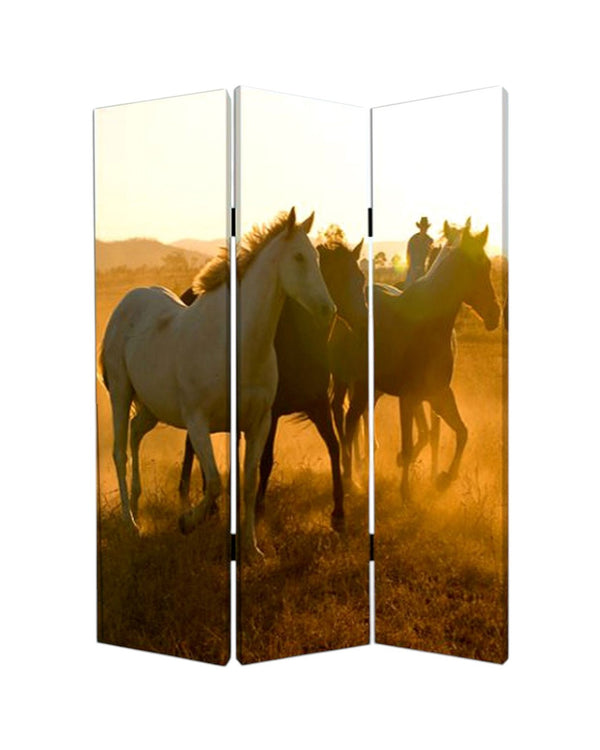 Homeroots 72" Brown And Black Canvas Folding Three Panel Screen Room Divider  Cotton Canvas 274619