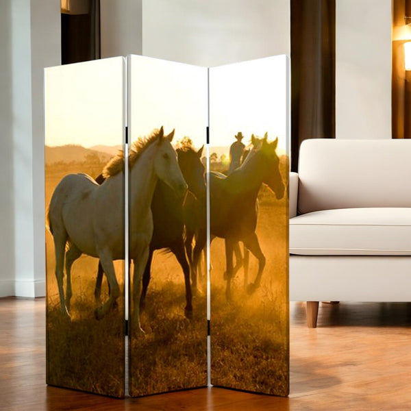 Homeroots 72" Brown And Black Canvas Folding Three Panel Screen Room Divider  Cotton Canvas 274619