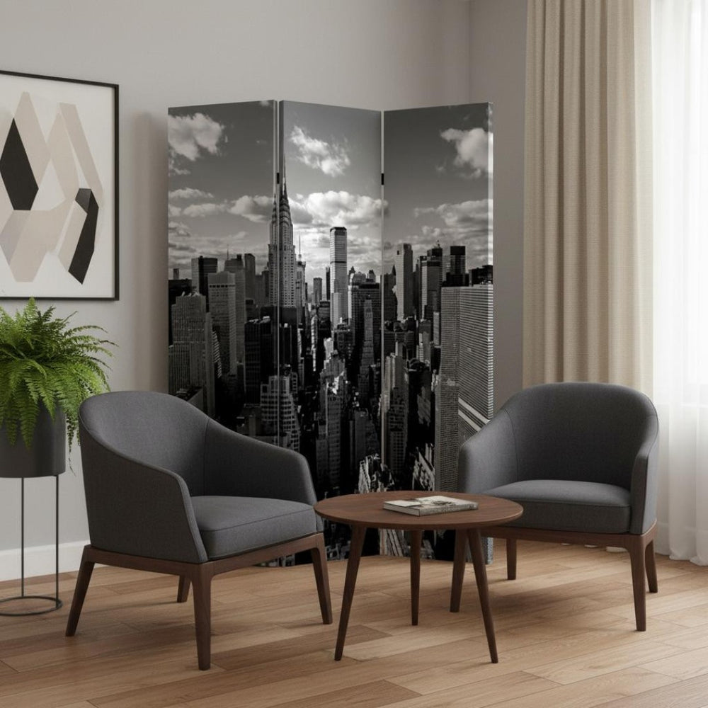 HomeRoots 48" X 72" Multi-Color Wood Canvas New York Skyline Screen - Stylish Room Divider & Décor Accent 274621