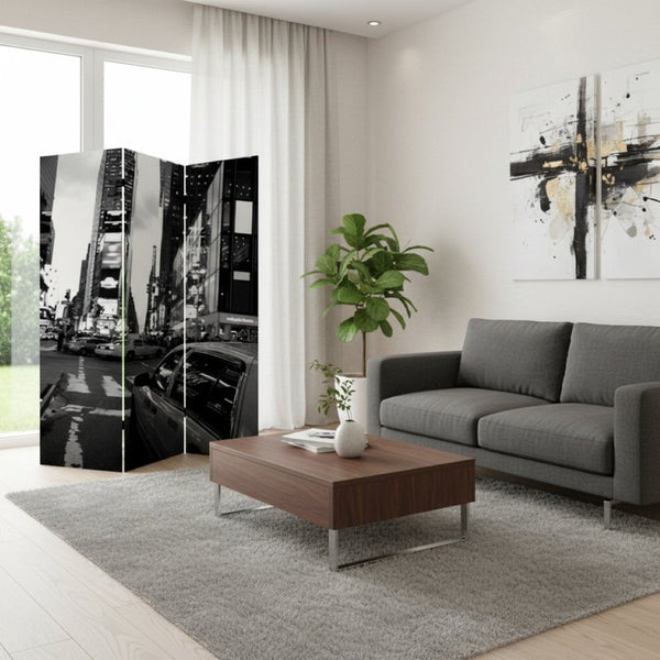 HomeRoots 48 Multi-Color NYC Canvas Folding Screen - Stylish Room Divider with Sturdy Wood Frame & Versatile Design 274622
