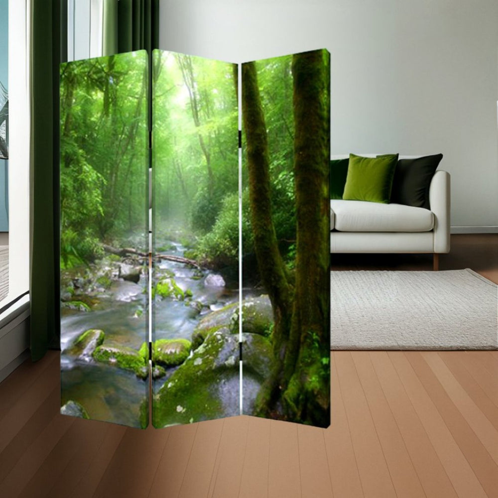 HomeRoots 72" Green Canvas Folding Room Divider - Stylish Three-Panel Screen for Privacy & Versatile Decor 274623