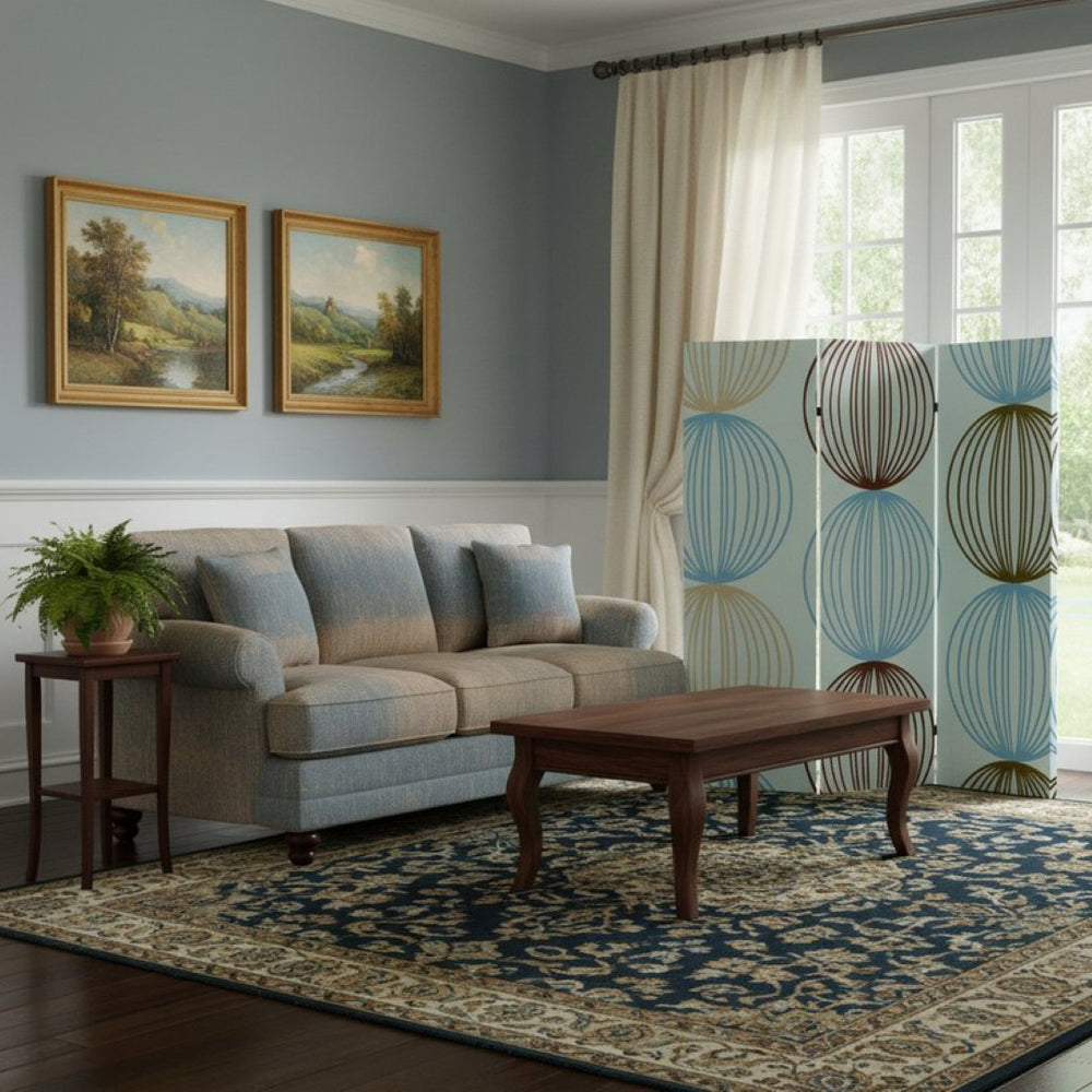 HomeRoots 48 Multi Color Wood Canvas Sphere Folding Screen – Elegant Room Divider for Privacy & Decor 274626