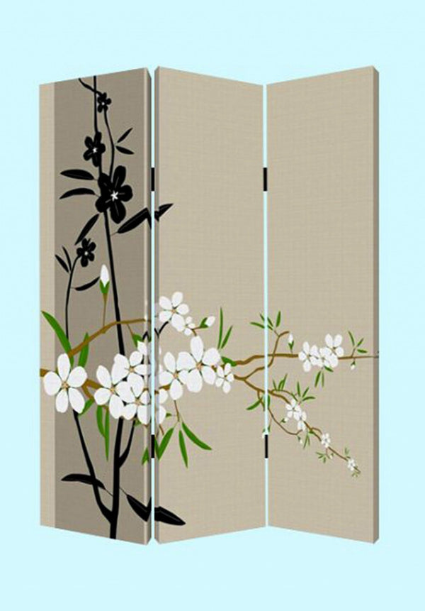 HomeRoots 48" X 72" Multi-Color Wood Canvas Plum Blossom Screen - Elegant Room Divider with Double-Sided Art 274629