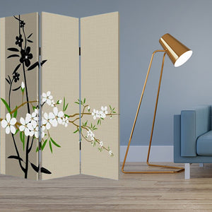 HomeRoots 48" X 72" Multi-Color Wood Canvas Plum Blossom Screen - Elegant Room Divider with Double-Sided Art 274629