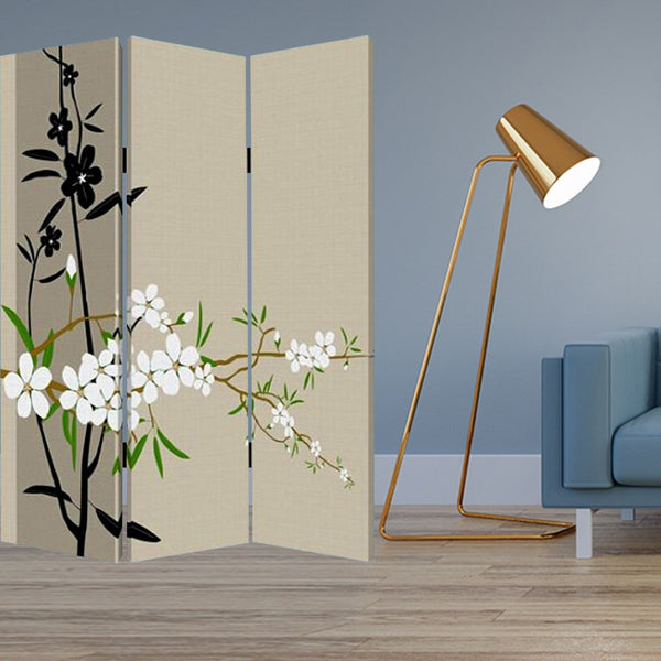 HomeRoots 48" X 72" Multi-Color Wood Canvas Plum Blossom Screen - Elegant Room Divider with Double-Sided Art 274629