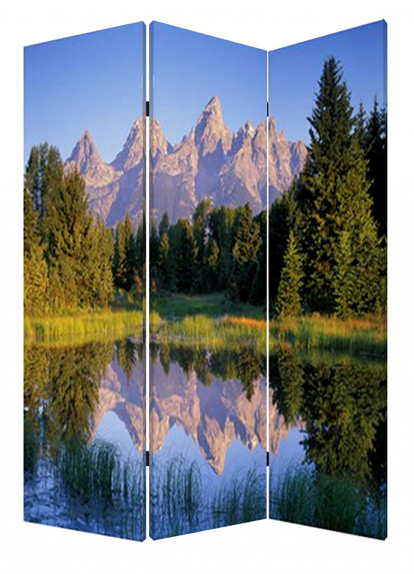 HomeRoots 48 Multi-Color Mountain Peaks Wood Canvas Room Screen - Stylish 3-Panel Folding Privacy Divider 274633