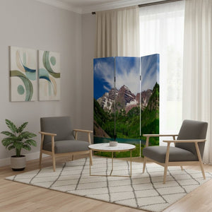 HomeRoots 48 Multi-Color Mountain Peaks Wood Canvas Room Screen - Stylish 3-Panel Folding Privacy Divider 274633