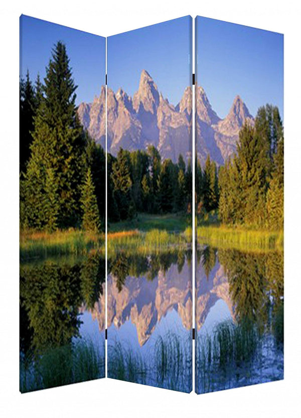 HomeRoots 48 Multi-Color Mountain Peaks Wood Canvas Room Screen - Stylish 3-Panel Folding Privacy Divider 274633