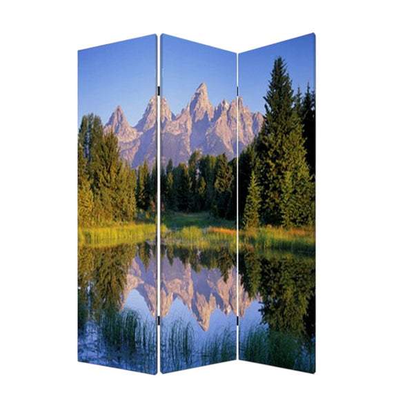 HomeRoots 48 Multi-Color Mountain Peaks Wood Canvas Room Screen - Stylish 3-Panel Folding Privacy Divider 274633